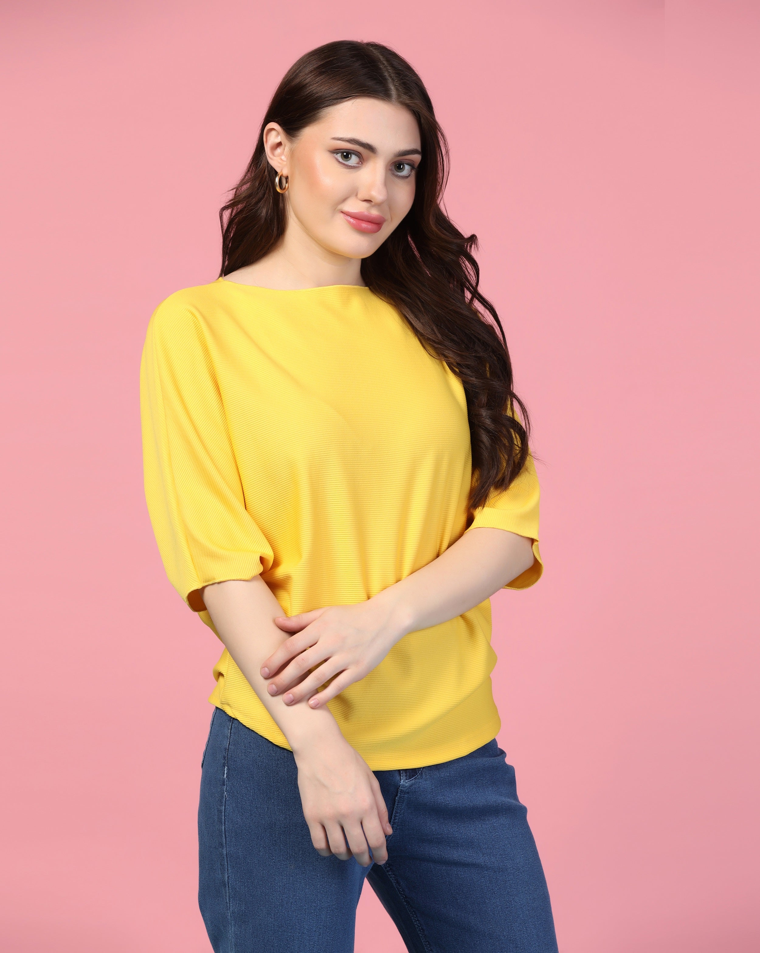 Zilcon Women Fashion Trendy Ribbed Boat Neck Yellow Top
