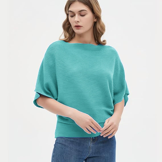 Women Ribbed Bagy Balloon Style Fit Turquoise Blue Tops