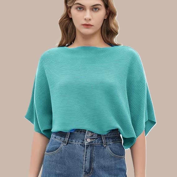 Women Ribbed Bagy Balloon Style Fit Turquoise Blue Tops