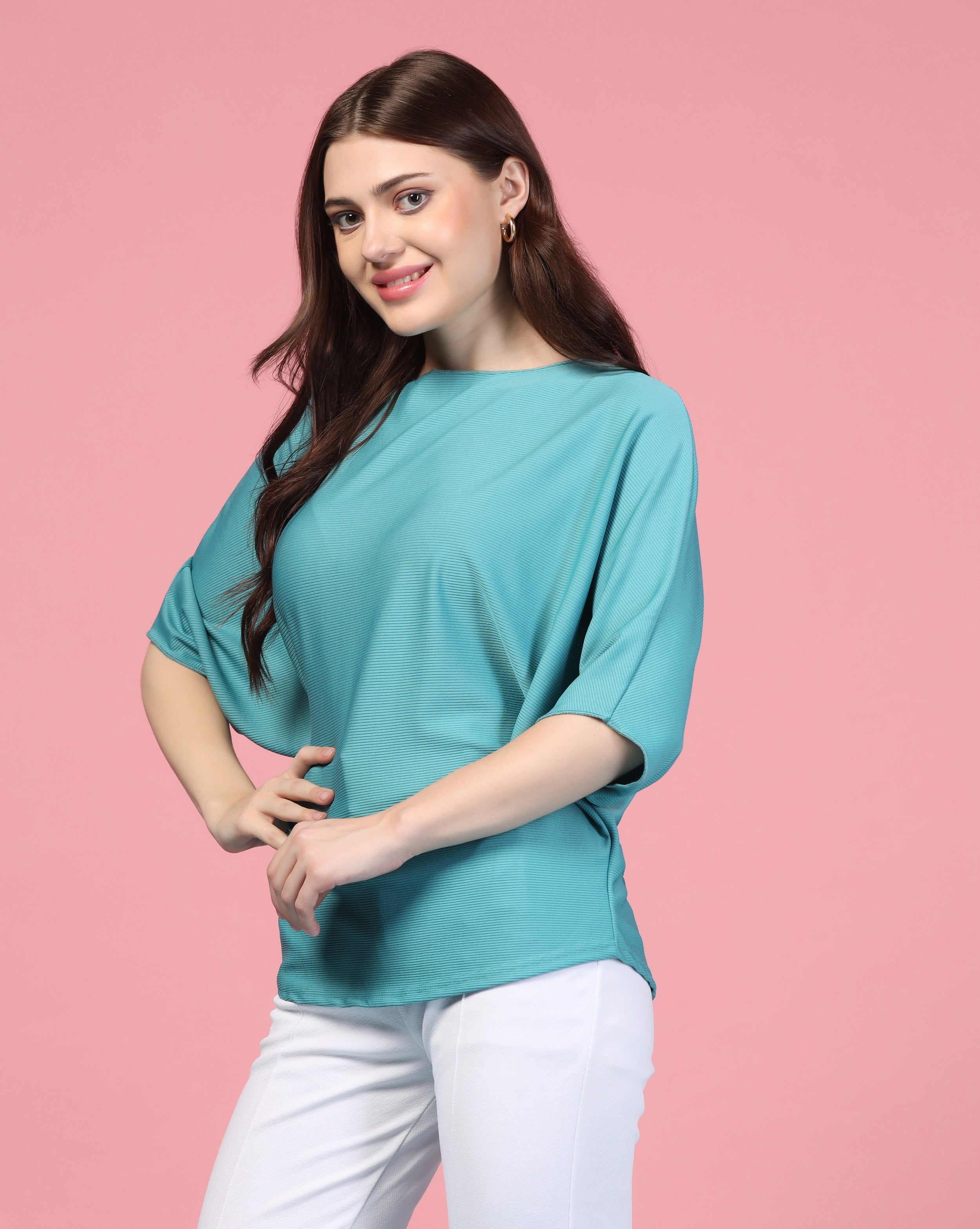 Zilcon Women Fashion Trendy Ribbed Boat Neck Blue Top