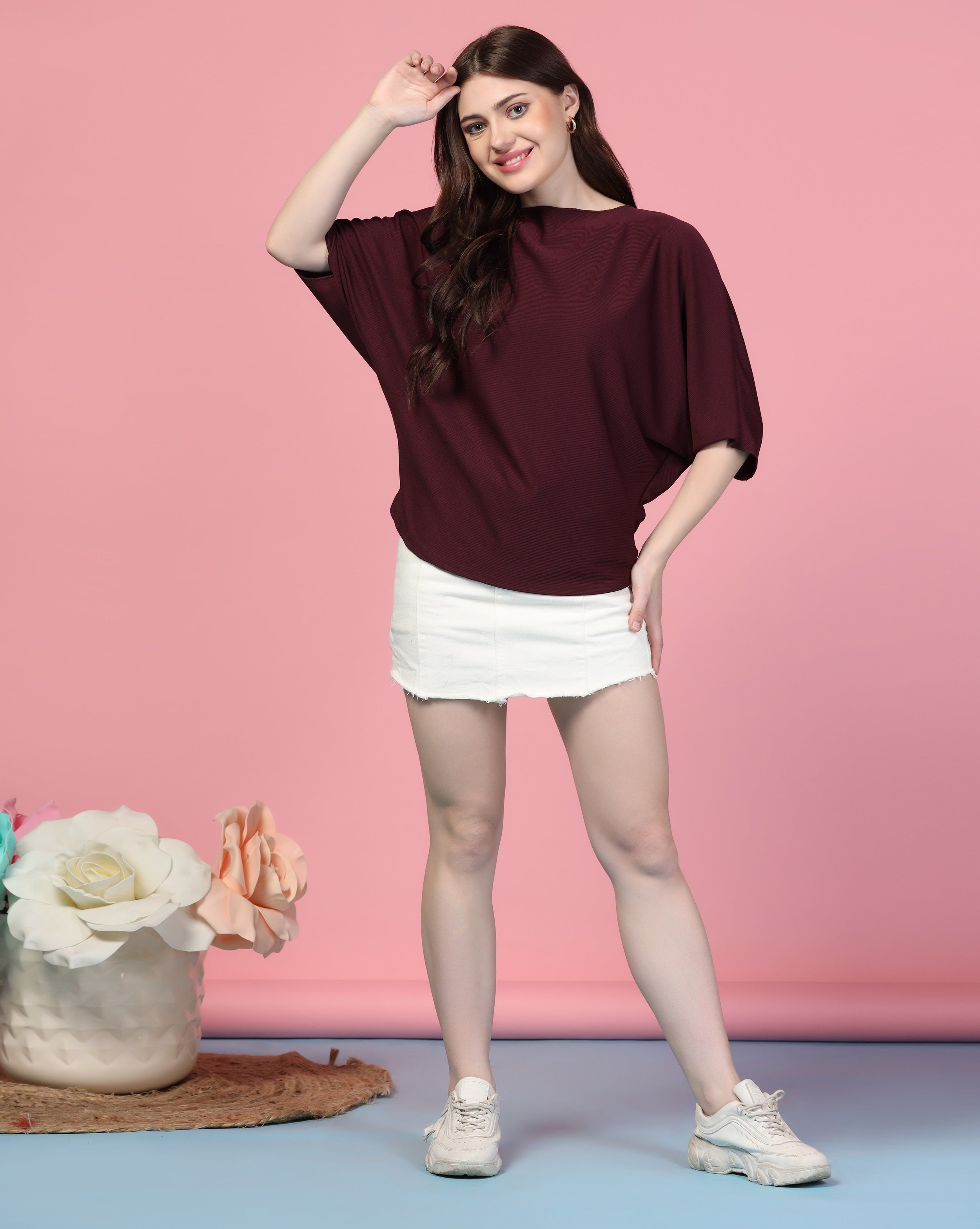 Zilcon Women Fashion Trendy Ribbed Boat Neck Maroon Top
