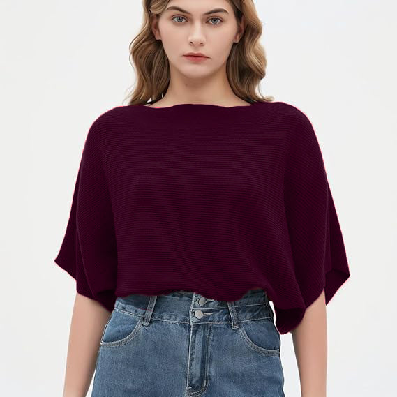 Women Ribbed Bagy Balloon Style Fit Dark Maroon Tops
