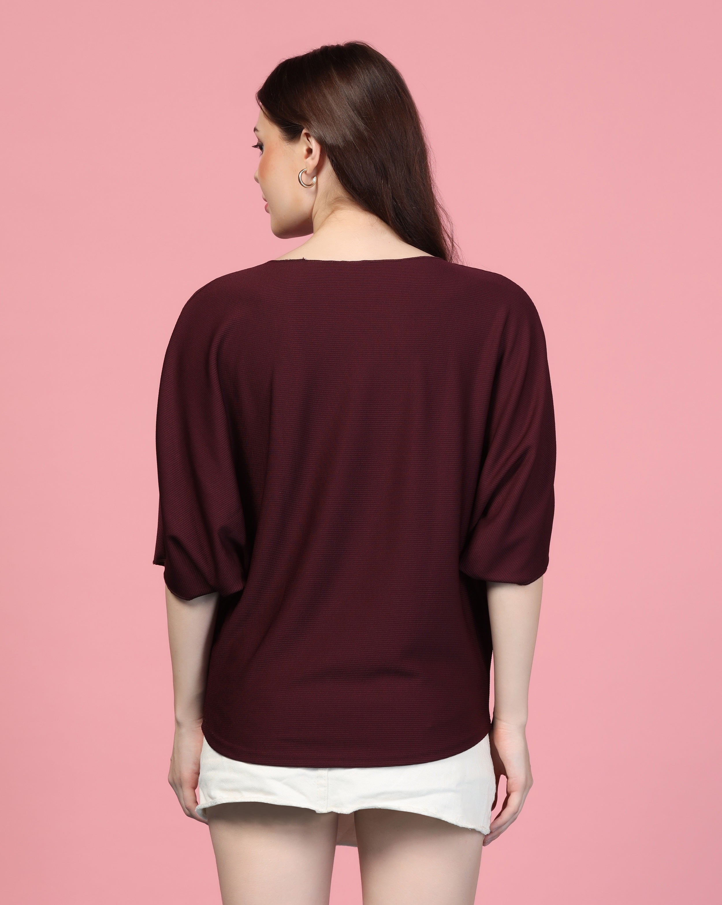Zilcon Women Fashion Trendy Ribbed Boat Neck Maroon Top