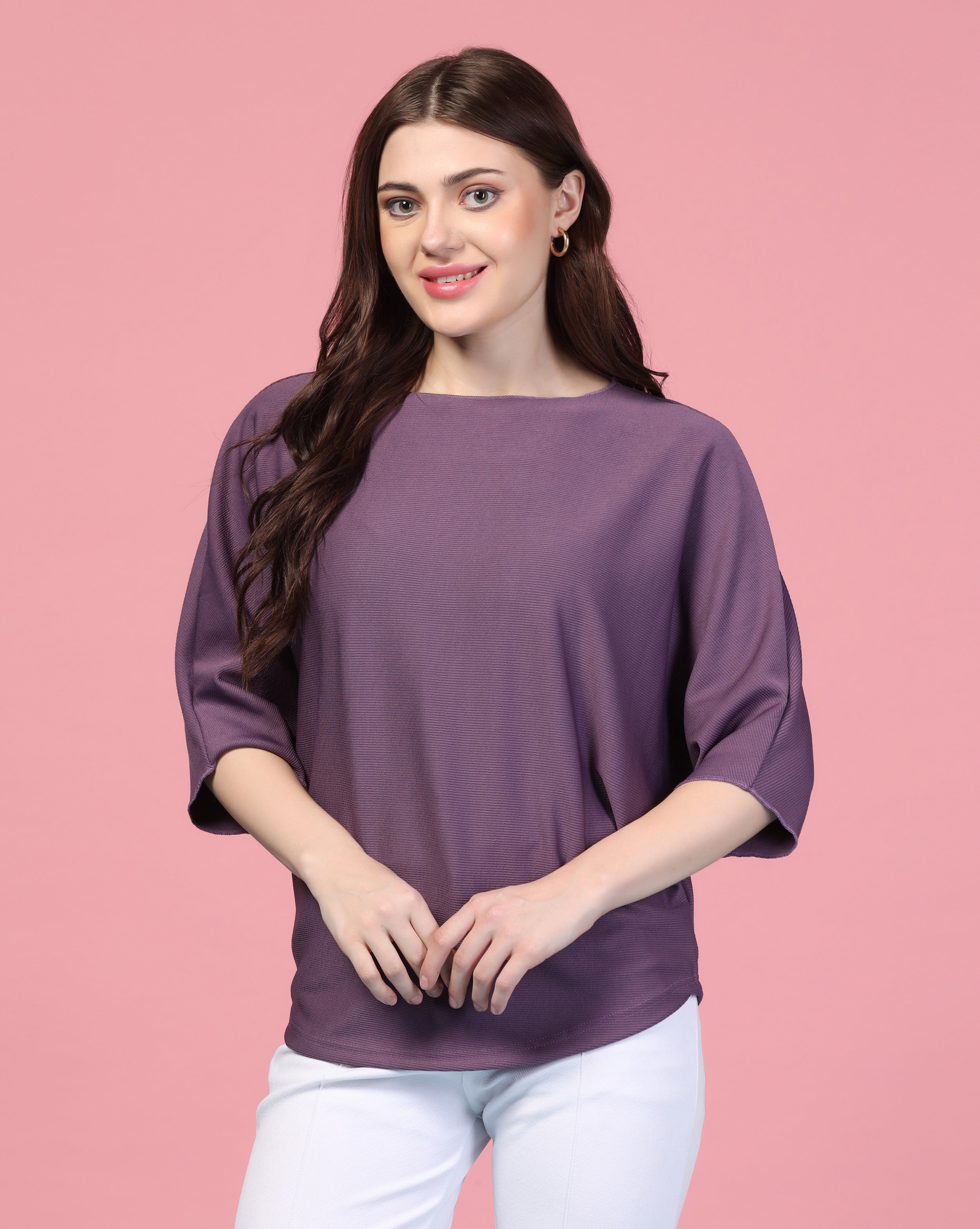 Zilcon Women Fashion Trendy Ribbed Boat Neck Purple Top