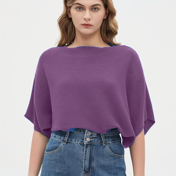 Women Ribbed Bagy Balloon Style Fit Purple Tops