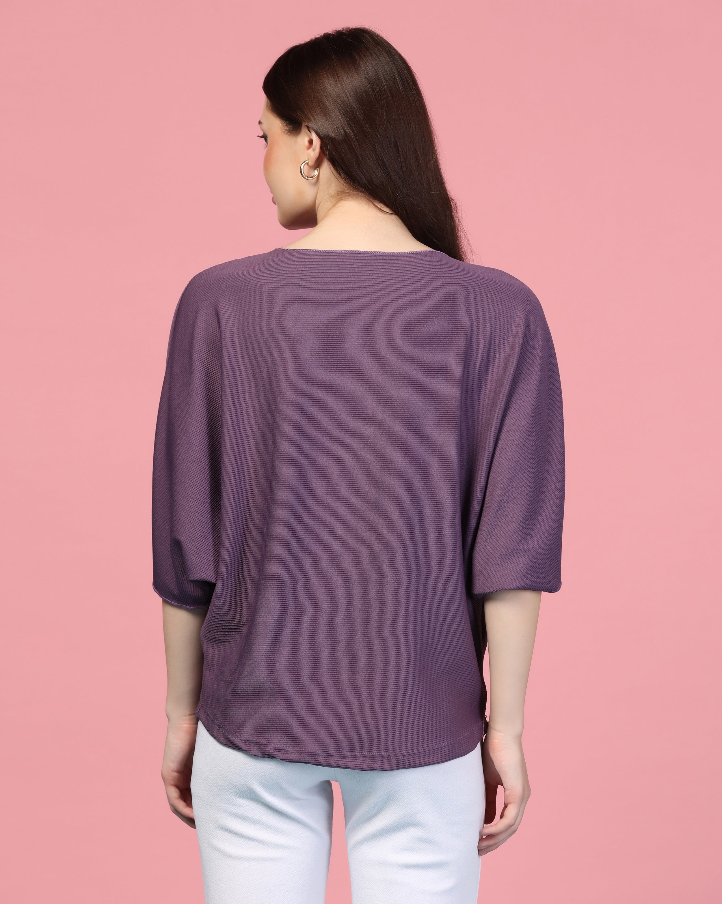 Zilcon Women Fashion Trendy Ribbed Boat Neck Purple Top