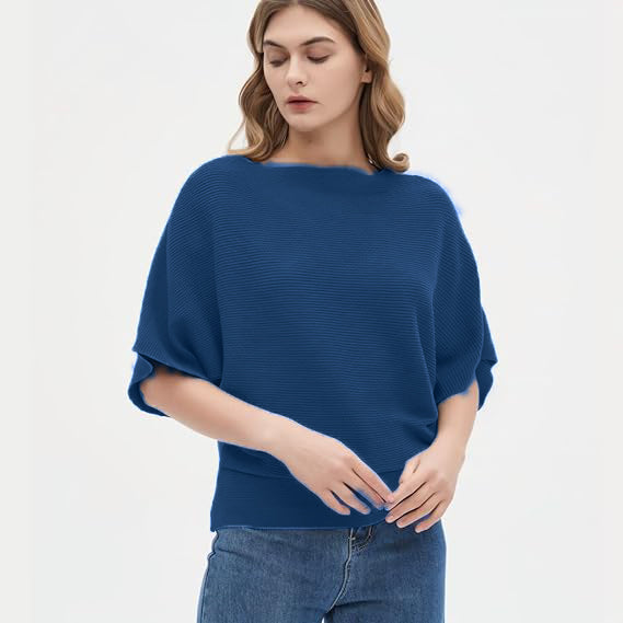 Women Ribbed Bagy Balloon Style Fit Navy Blue Tops