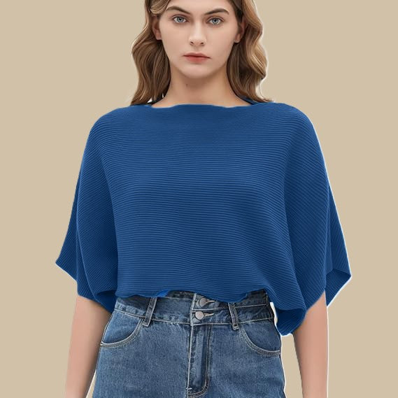 Women Ribbed Bagy Balloon Style Fit Navy Blue Tops