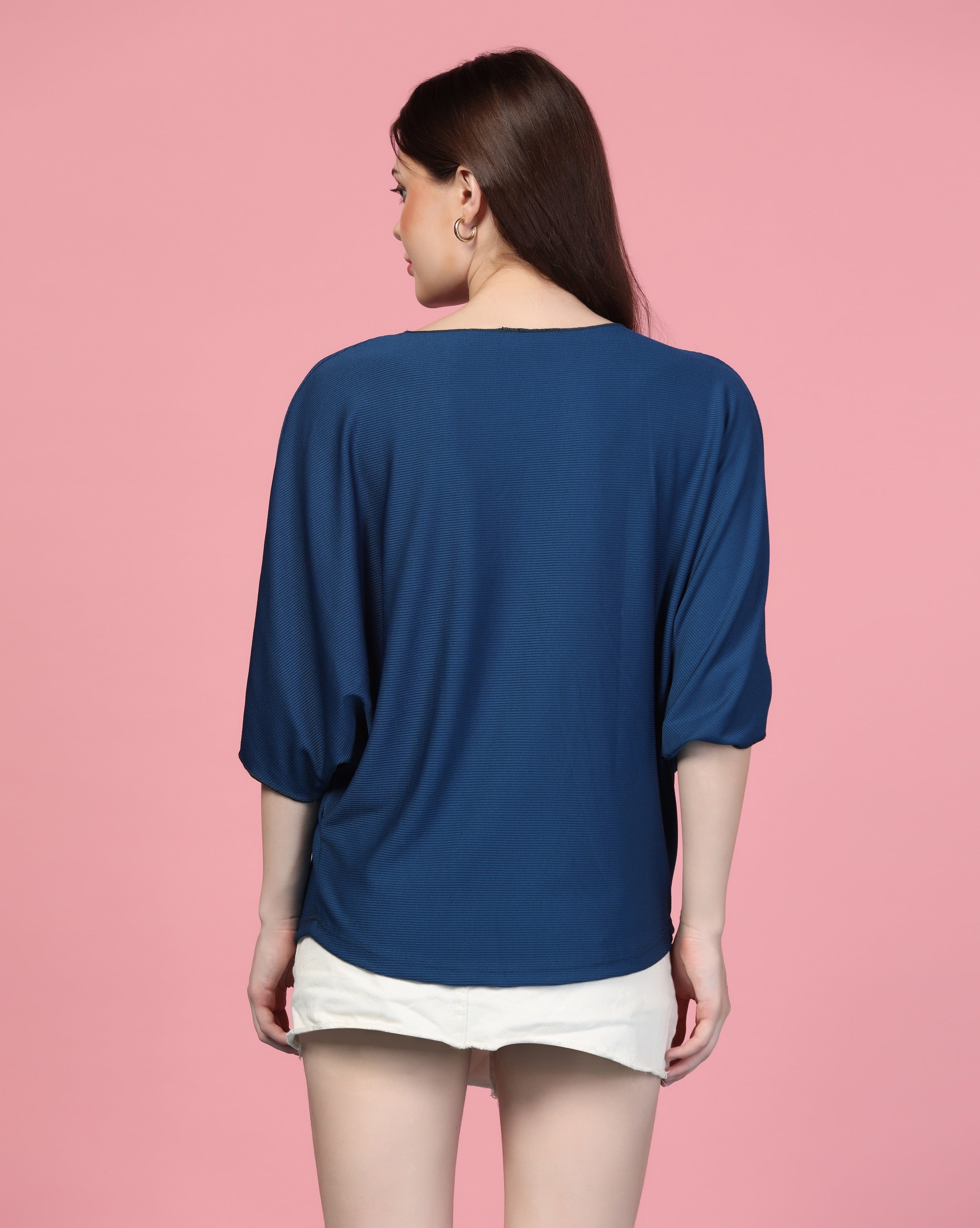 Zilcon Women Fashion Trendy Ribbed Boat Neck Navy Blue Top