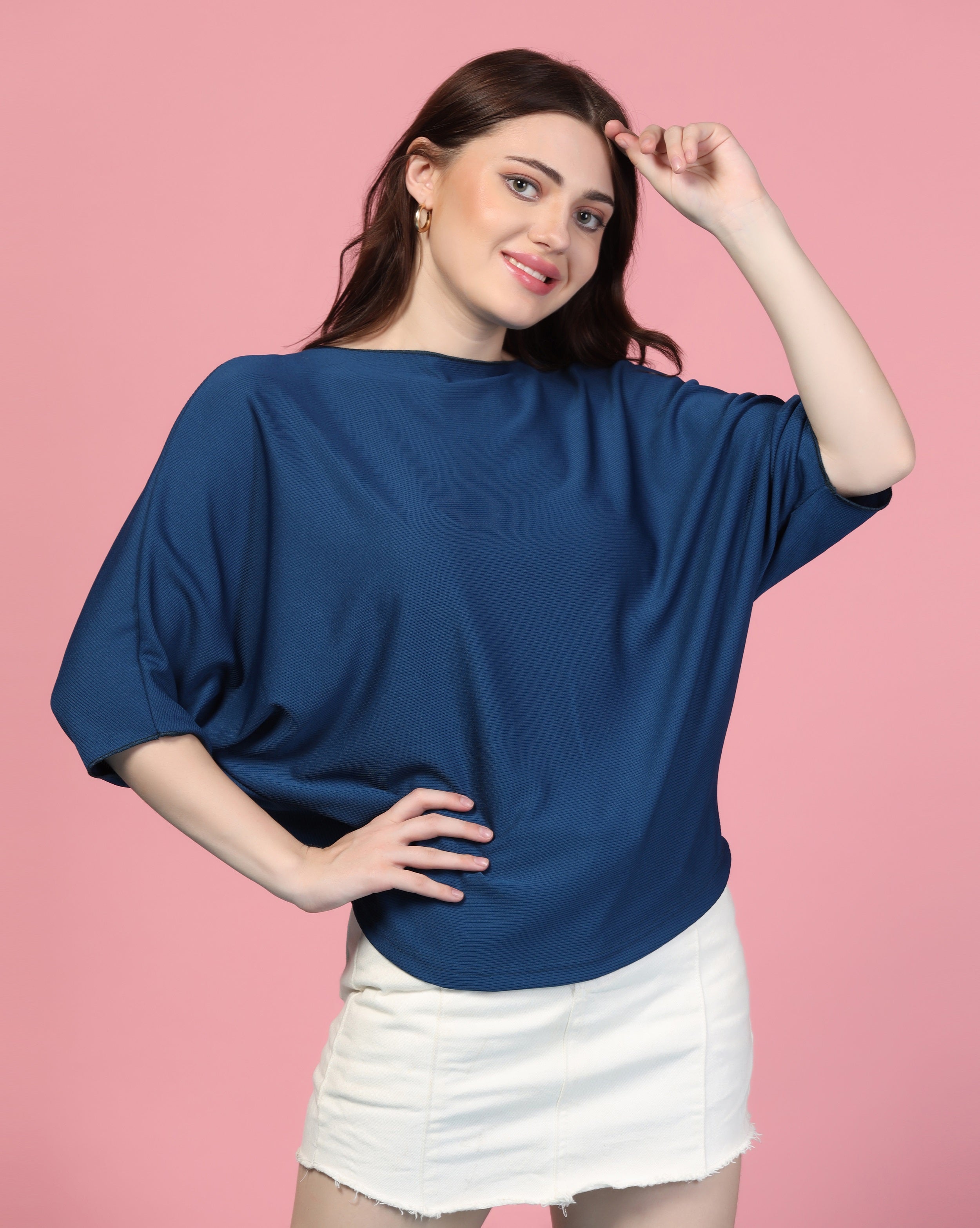 Zilcon Women Fashion Trendy Ribbed Boat Neck Navy Blue Top