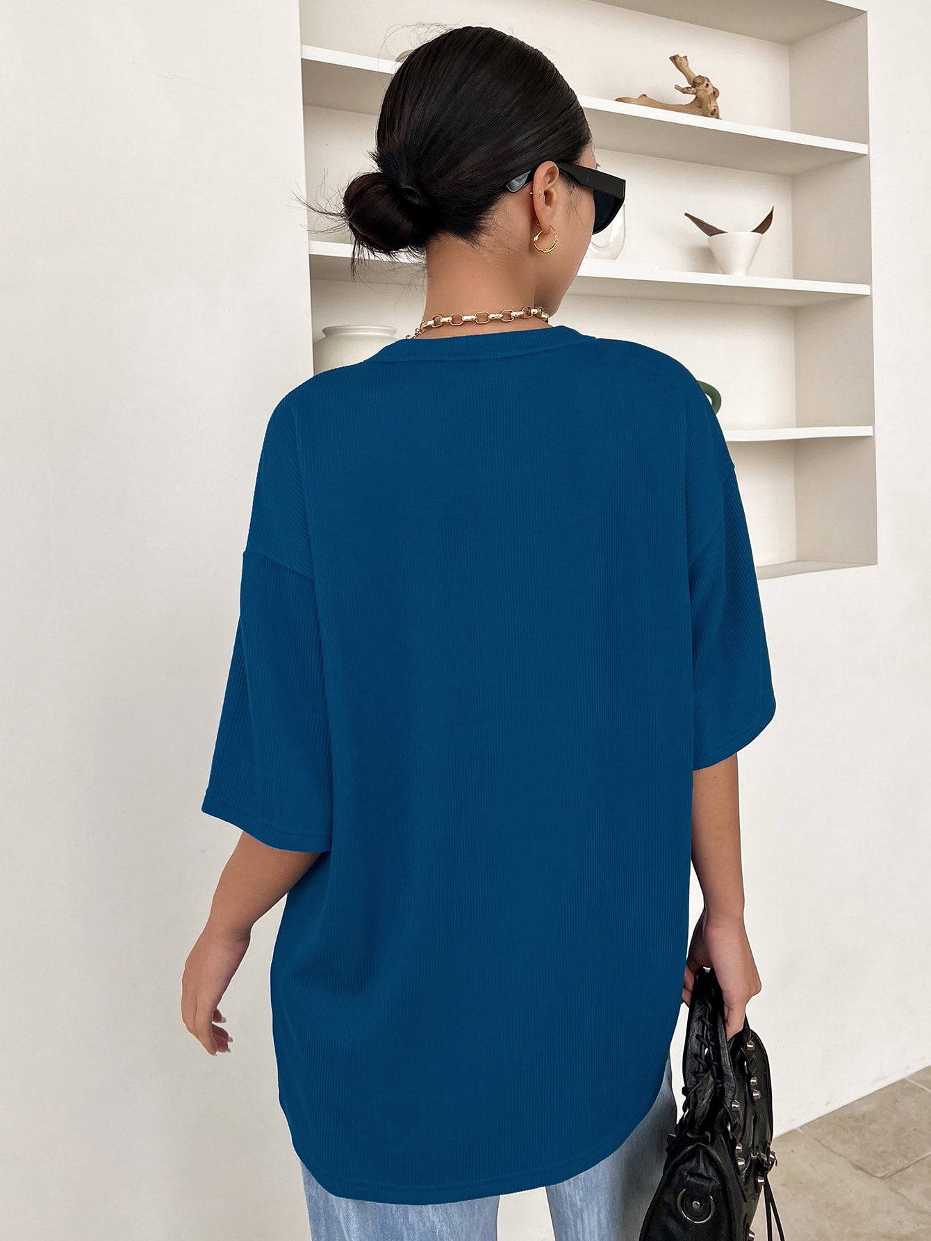 Women Dressy Office Work Casual Navy Blue Tops