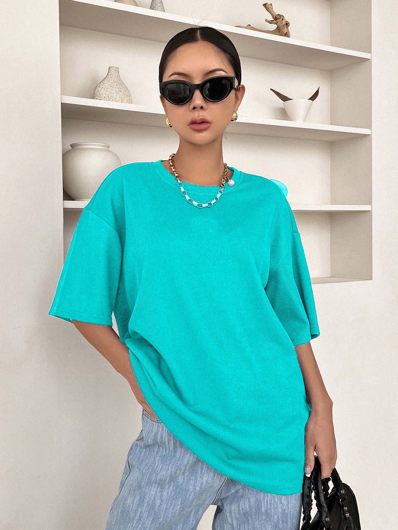 Women Dressy Office Work Casual Turquoise Blue Tops