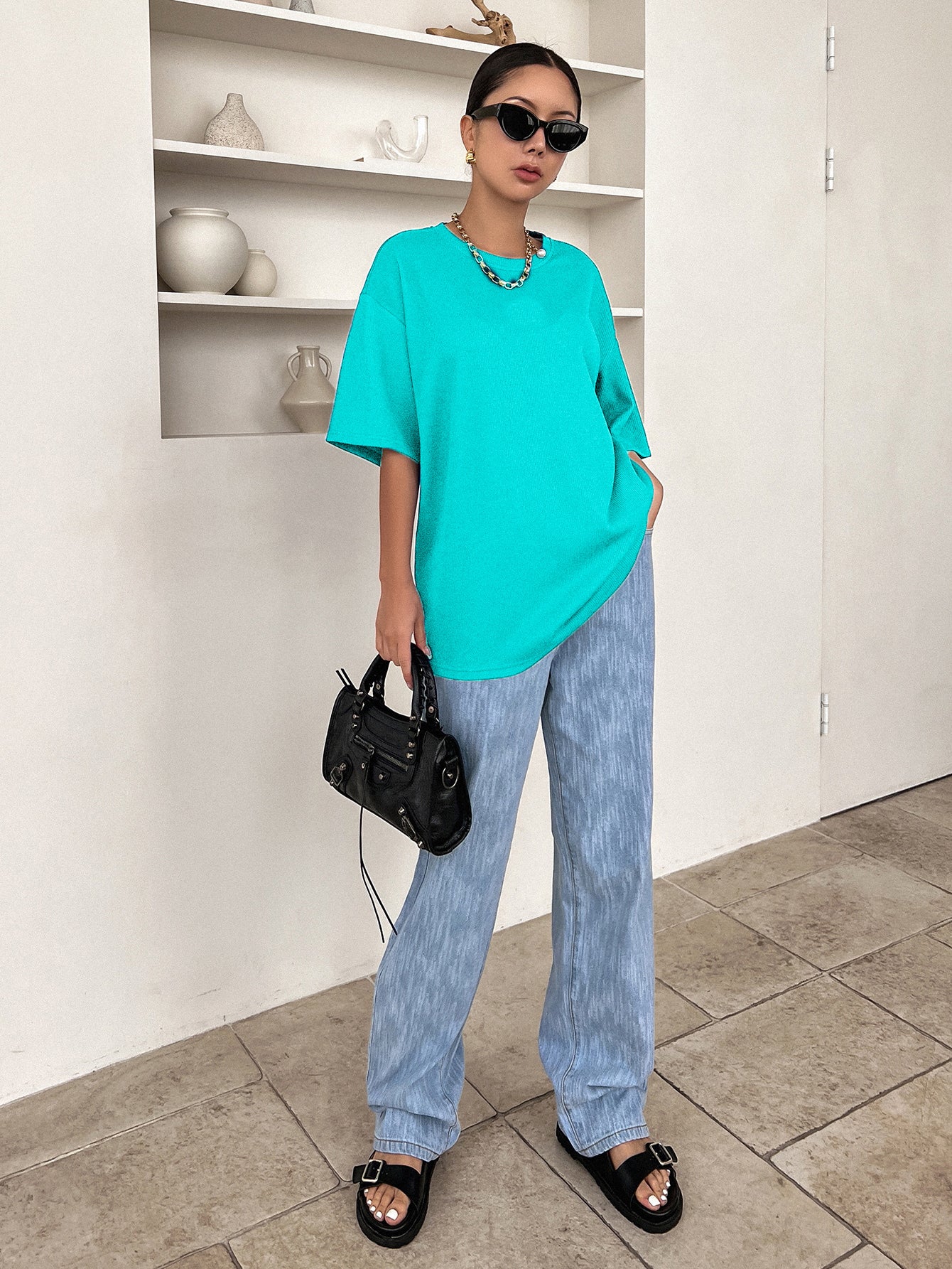 Women Dressy Office Work Casual Turquoise Blue Tops