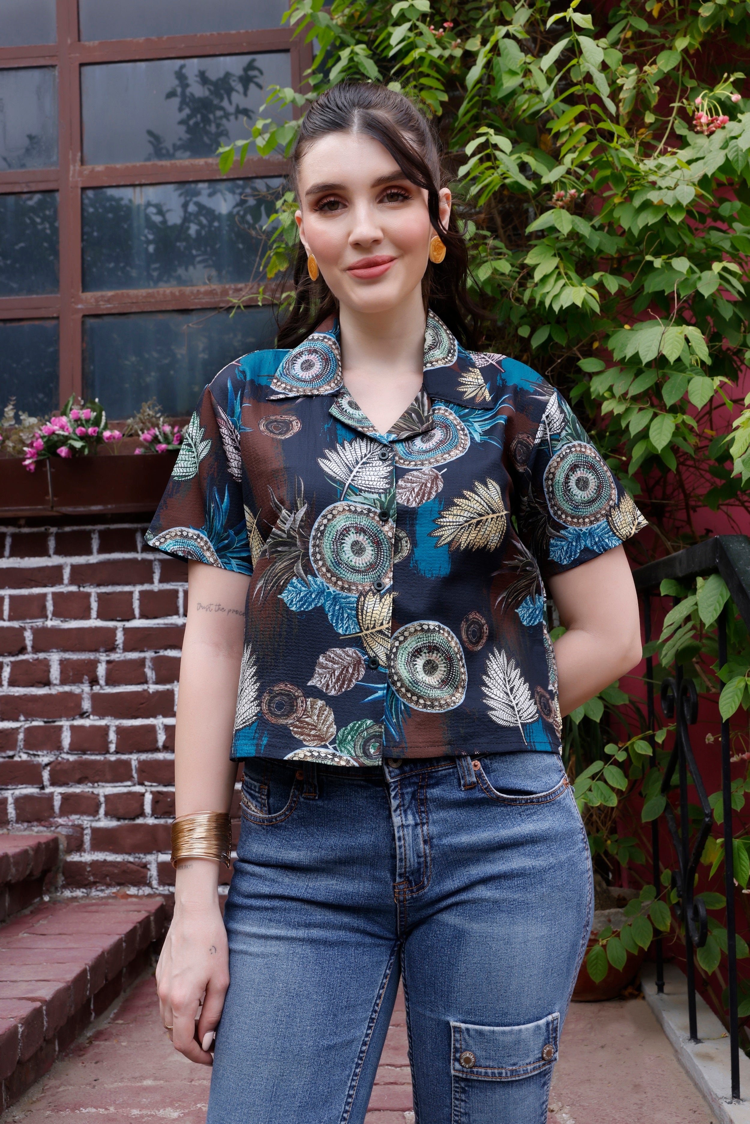 Zilcon Womens Button Down Shirt Short Sleeve Printed V Neck Collared Button Up Summer Traveling Shirt Work Tops