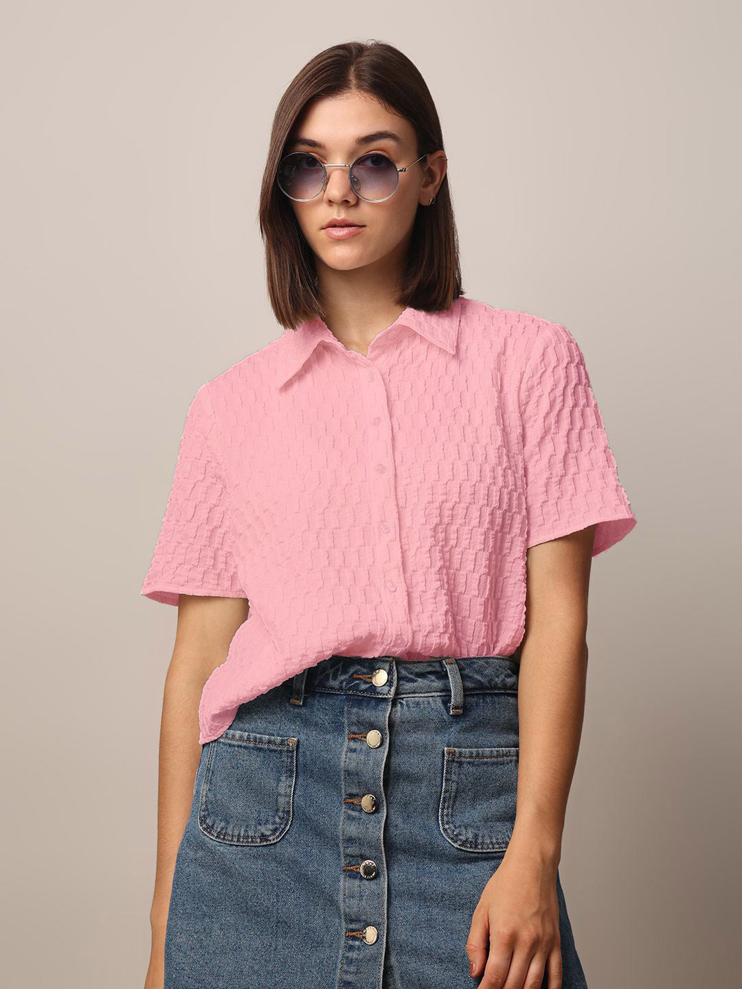 Women Loose Button Down Shirt Type Pink Tops