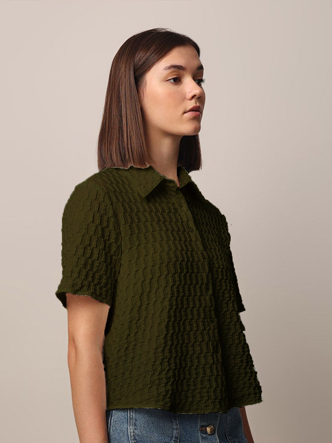 Women Loose Button Down Shirt Type Dark Green Tops