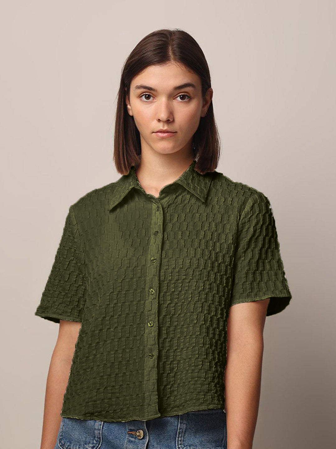 Women Loose Button Down Shirt Type Dark Green Tops