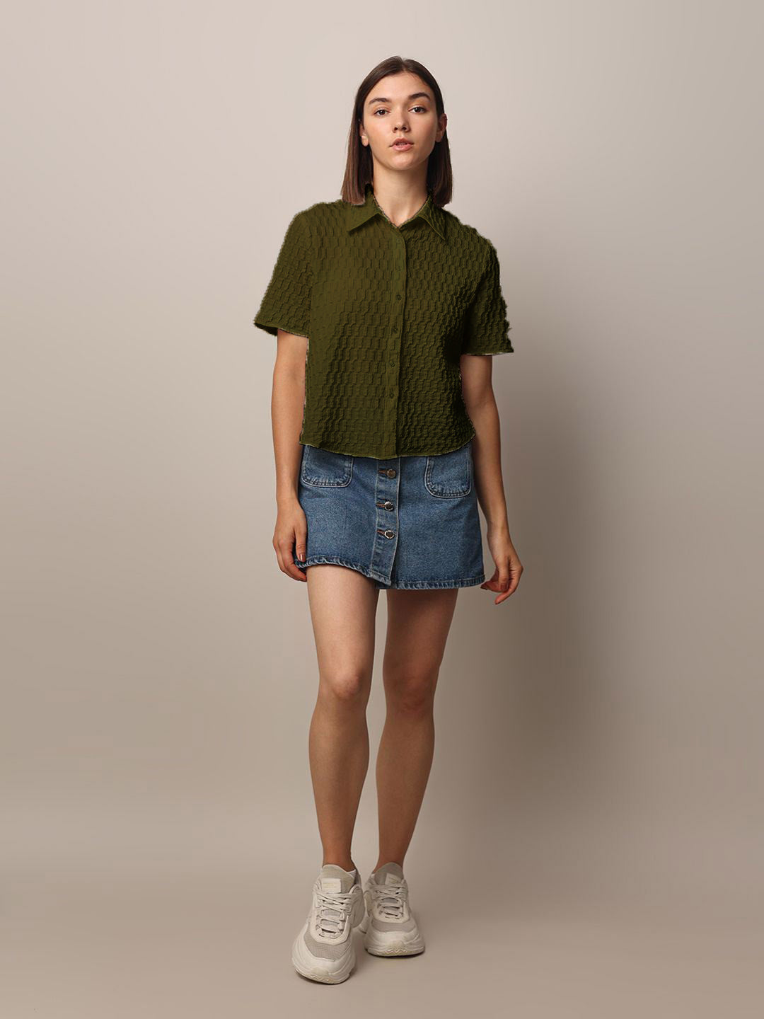 Women Loose Button Down Shirt Type Dark Green Tops