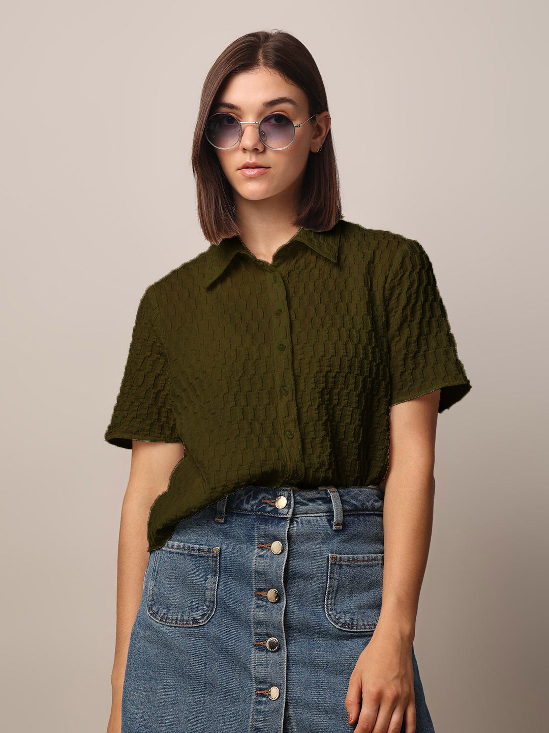 Women Loose Button Down Shirt Type Dark Green Tops