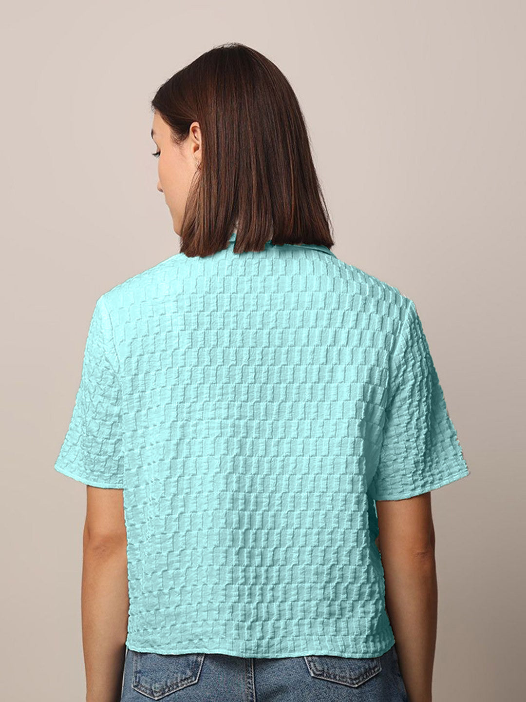 Women Loose Button Down Shirt Type Turquoise Blue Tops