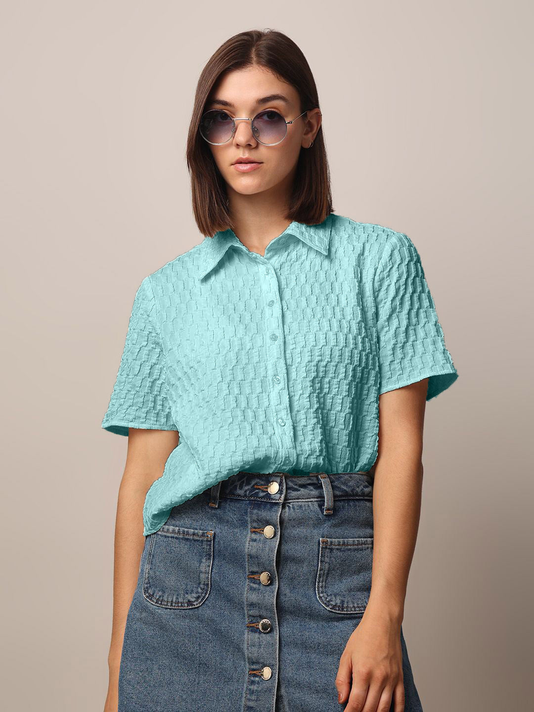 Women Loose Button Down Shirt Type Turquoise Blue Tops