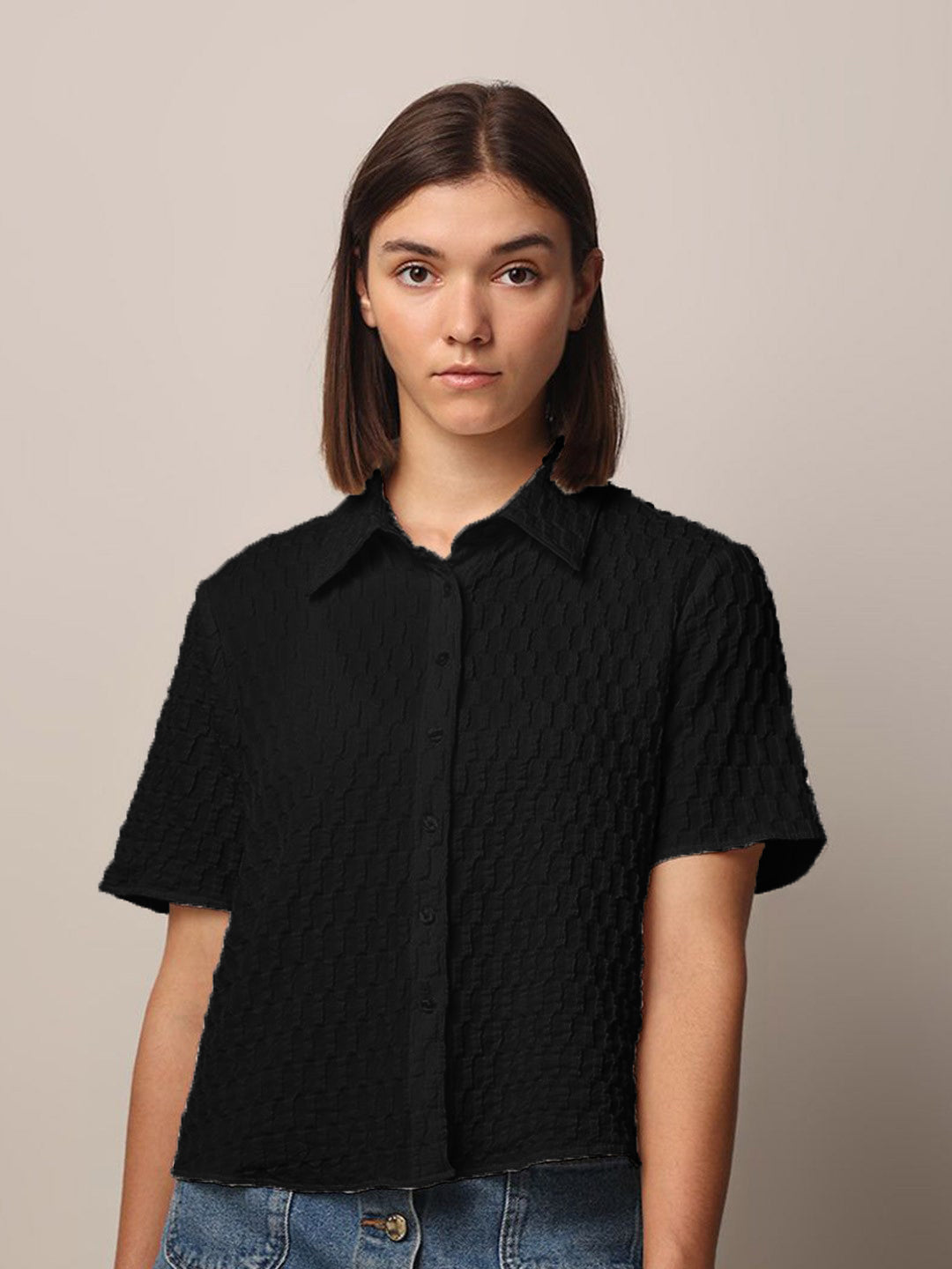 Women Loose Button Down Shirt Type Black Tops
