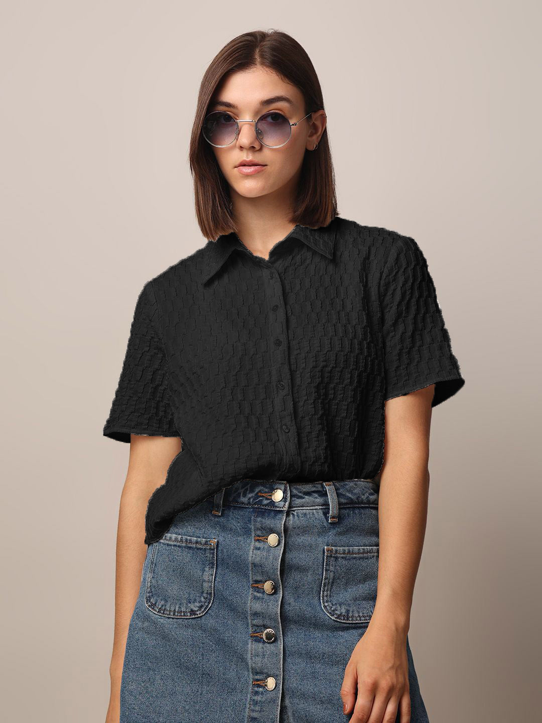 Women Loose Button Down Shirt Type Black Tops